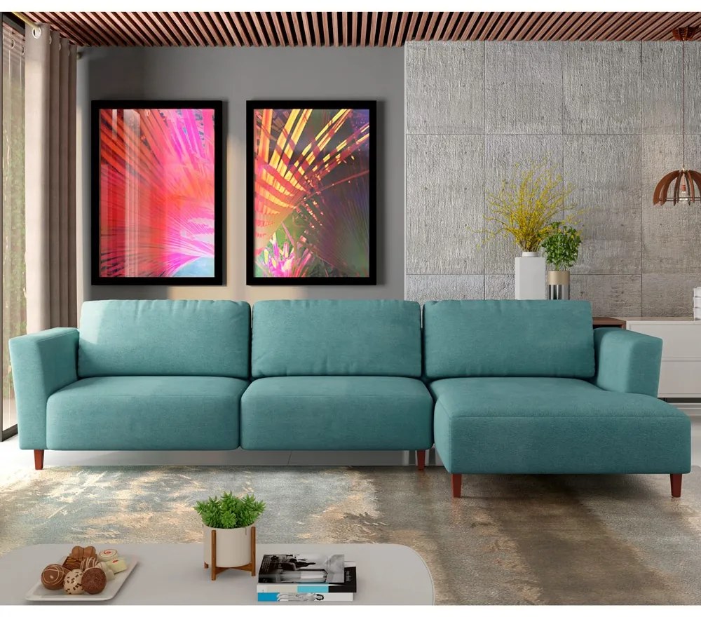Sofá 370cm com Chaise Direita Franz Suede Turquesa G52 - Gran Belo