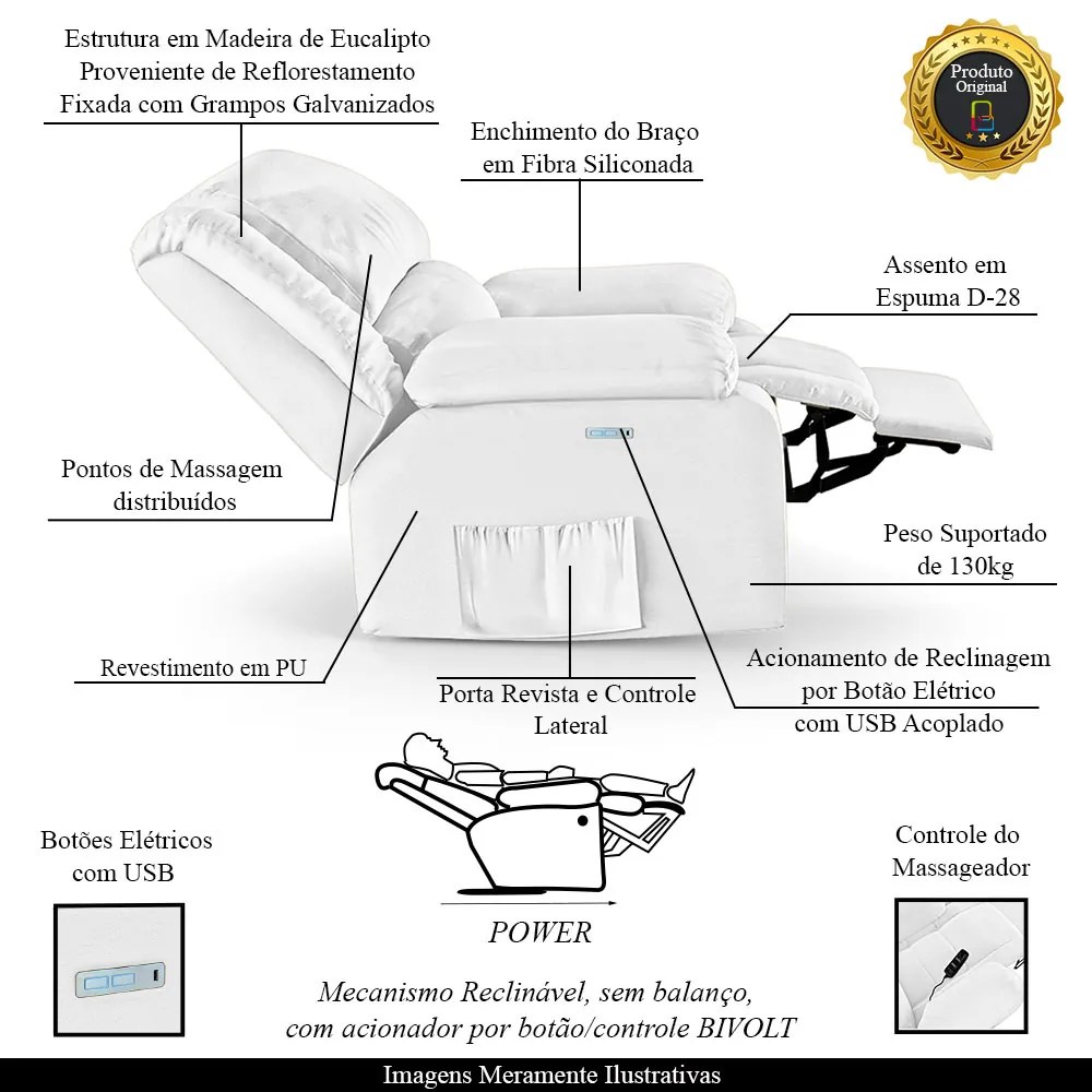 Poltrona do Papai Reclinável Sala de Cinema Madrid Elétrica Touch Massagem USB PU Branco G23
