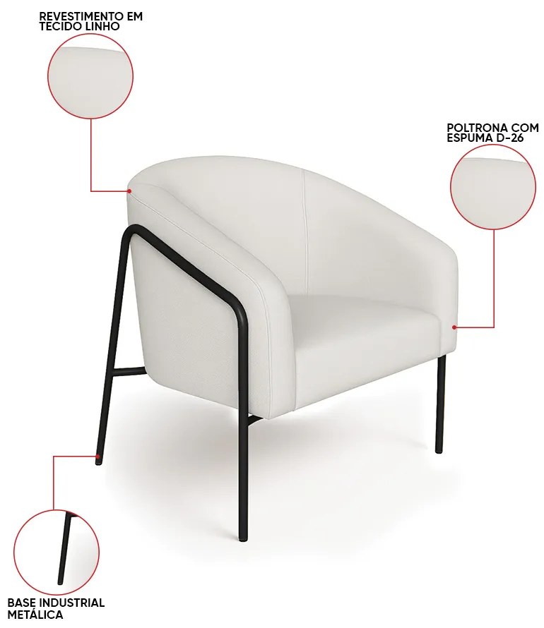 Poltrona Sala Industrial Alta Preto Kit 2 Stella Linho D03 - D'Rossi - Cinza