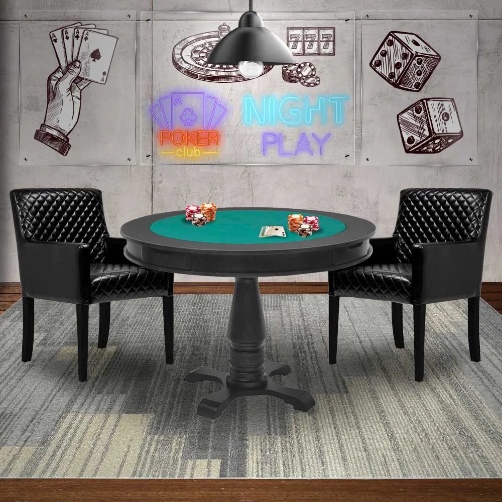 Mesa de Jogos Carteado Victoria Redonda Tampo Reversível Preto com 2 Cadeiras Liverpool Corino Preto Matelassê G36 G15 - Gran Belo