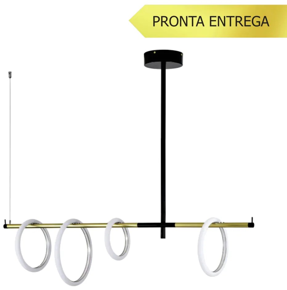 Pendente Ellos Com Haste Fixa 04 Argolas Magnéticas 120X100X30Cm Led 5... (Preto / Champanhe)