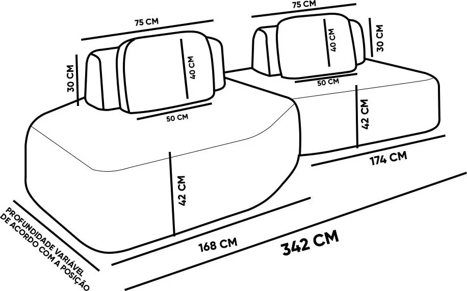Sofá 2 Lugares Orgânico com Chaise e 1 Módulo Central Berlim Bouclê Grafite K01 - D'Rossi