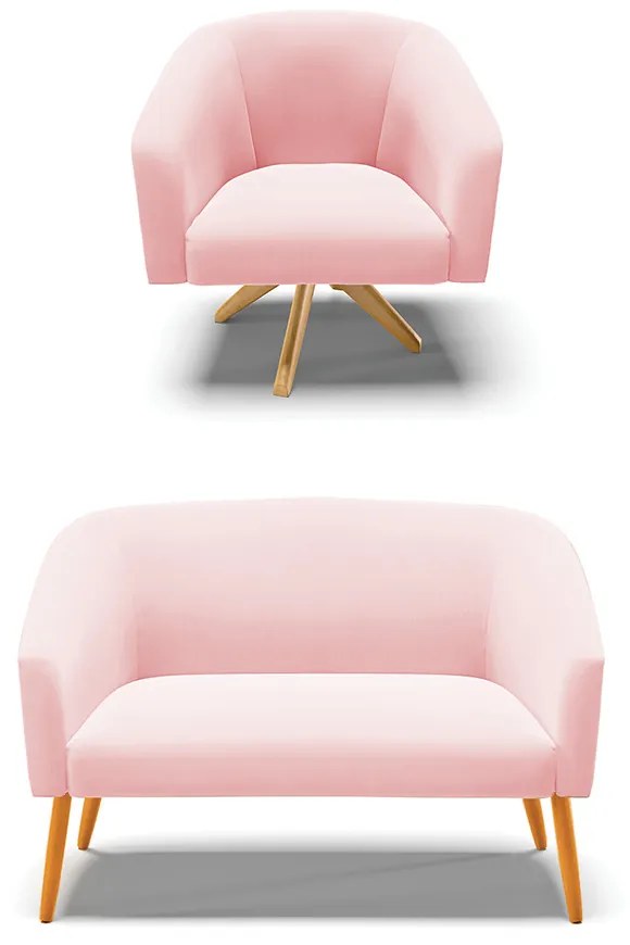 Sofá Namoradeira e Poltrona Giratória MA30 Stella Suede D03 - D'Rossi - Rosa Bebê