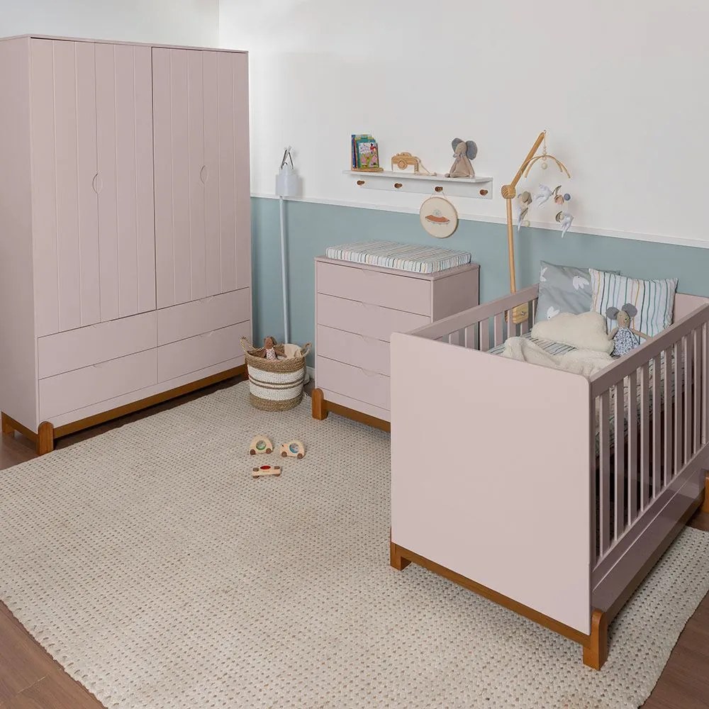 Kit Quarto Infantil Lotus Berço Mini Cama + Cômoda 4 Gavetas + Guarda-Roupa 4 Portas com 4 Gavetas - Rosa Fosco