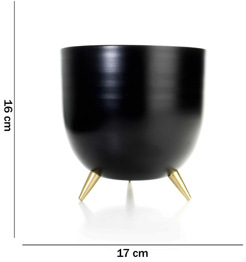 Cachepot de Metal Preto e Pés Dourado 17cm - D'Rossi