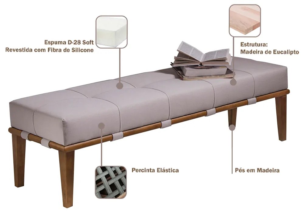 Recamier Decorativo 140cm Martínez Linho Pés Madeira Bege/Natural G62 - Gran Belo