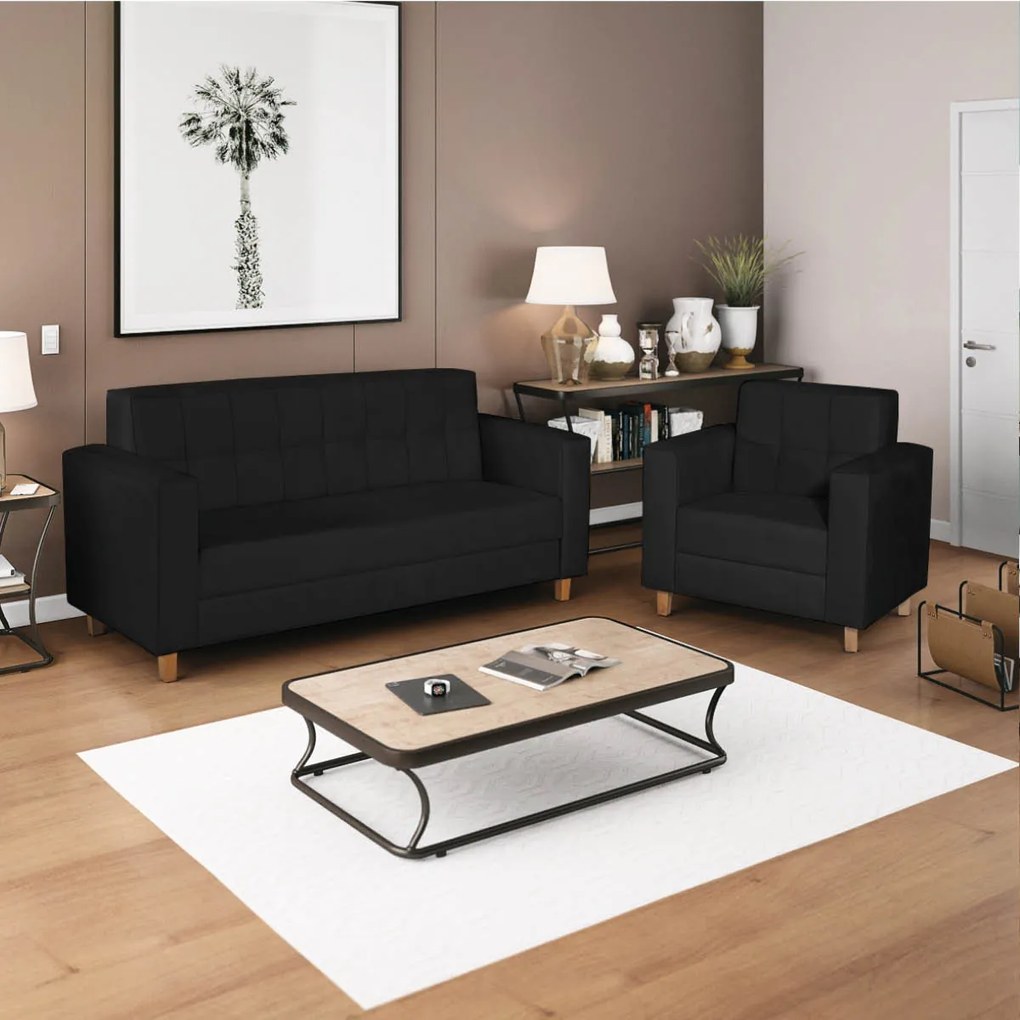 Kit Sofá 2 Lugares e 2 Poltronas Denver Suede Preto - ADJ Decor