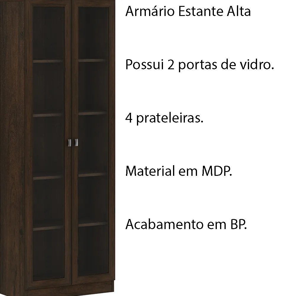 Armário Estante Alto Porta de Vidro ME4115 MDP Rustico G69 - Gran Belo