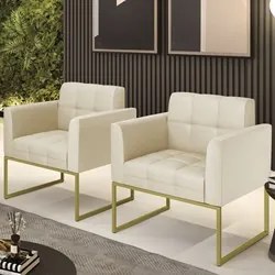 Poltrona Base Industrial Dourado Kit 2 Ana Sintético Bege - Ibiza