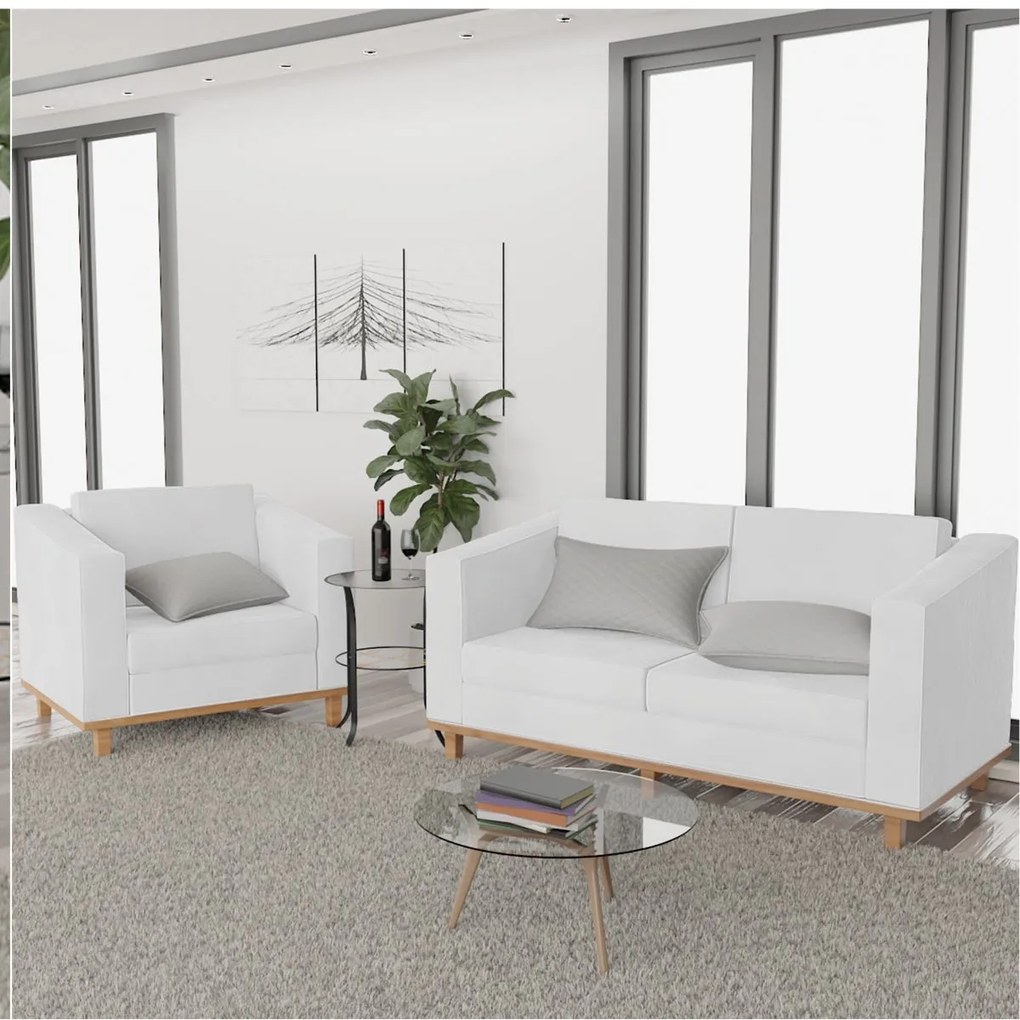 Kit Sofá 2 Lugares e Poltrona Europa Suede Branco ADJ Decor