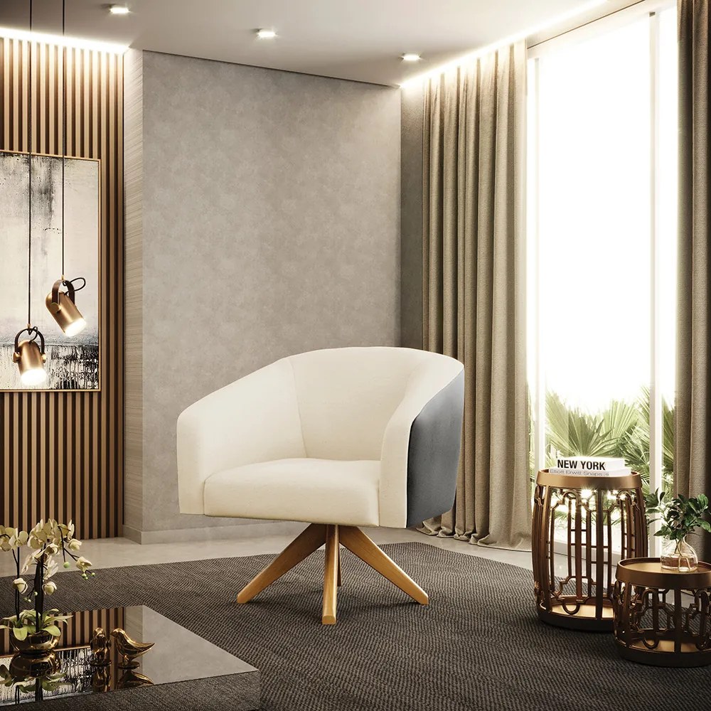 Poltrona Decorativa Giratória MA30 Stella Preto/Linho Bege D03 - D'Rossi