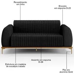 Sofá 210cm 3 Lugares Base Gold Molino D06 Linho D-465 Chumbo - Mpozena