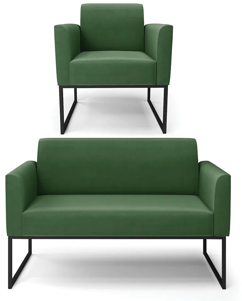 Sofá Namoradeira com Poltrona Base Industrial Preto Marisa Suede D03 - D'Rossi - Verde