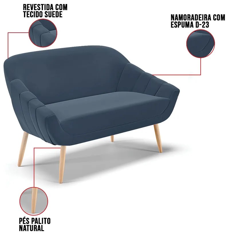 Namoradeira 02 Lugares Giovana Suede Pés Palito Natural D03 - D'Rossi - Azul Marinho