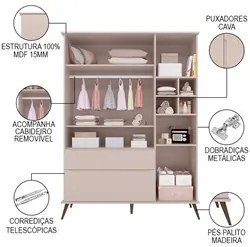 Jogo De Quarto Infantil Guarda Roupa e Cômoda 100% MDF Melinda Rosê -
