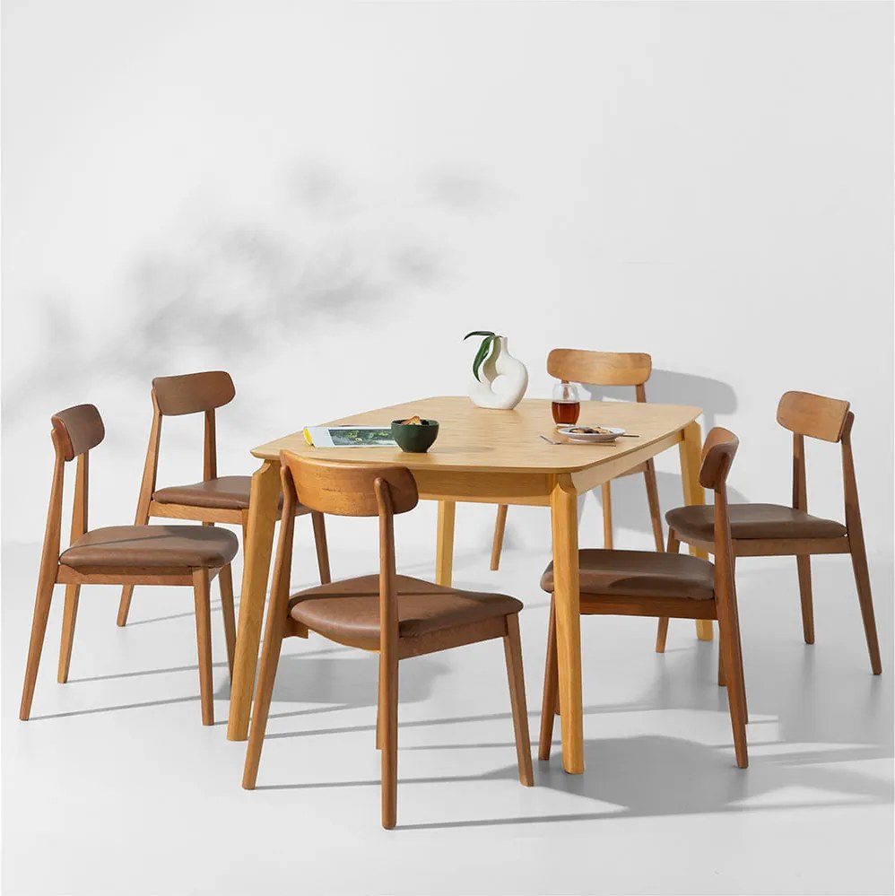 Conjunto Mesa de Jantar Lalá Retangular Carvalho Americano - 1,80mx1m + 6 Cadeiras Nord PU - Cognac