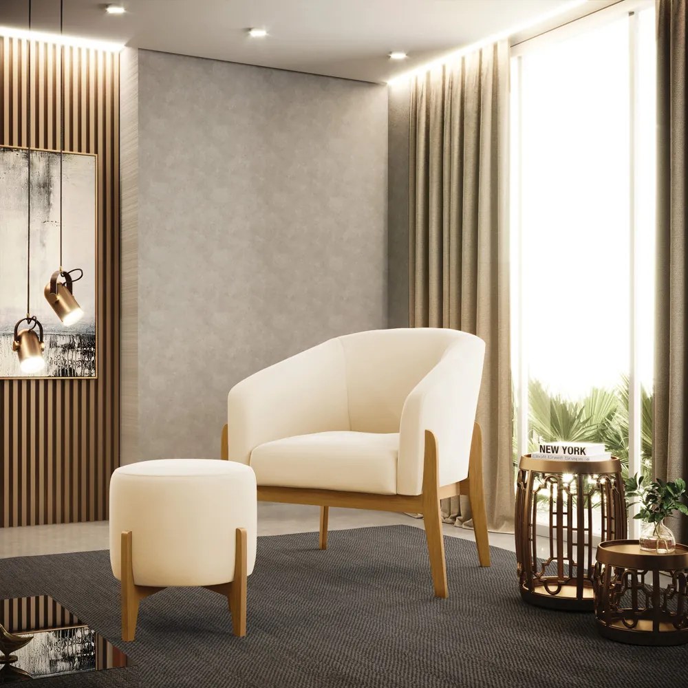 Poltrona com Puff Base de Madeira Stella Suede D03 - D'Rossi - Bege