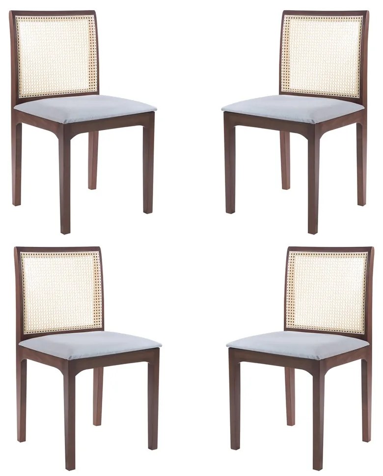 Kit 04 Cadeiras Sala de Jantar Madeira Maciça Steve Tela Rattan Sextavano Linho Cinza/Amêndoa G55 - Gran Belo