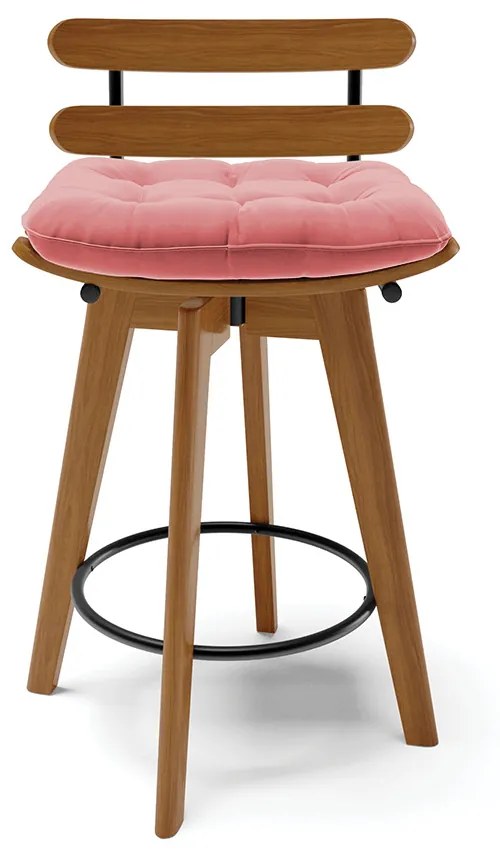 Kit 04 Banquetas Giratória Costela Suede Rosê Base Madeira MA70 - D'Rossi