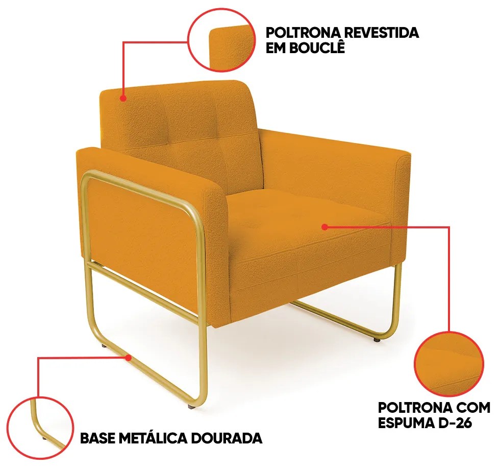 Poltrona Sala Industrial Alta Tubo Dourado Elisa Bouclê D03 - D'Rossi - Mostarda