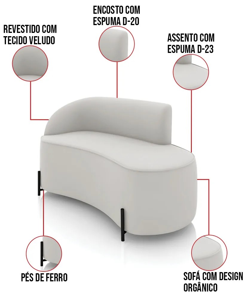 Sofá 2 Lugares Orgânico 140cm Pé Ferro Preto Morgan Veludo D03 - D'Rossi - Cinza