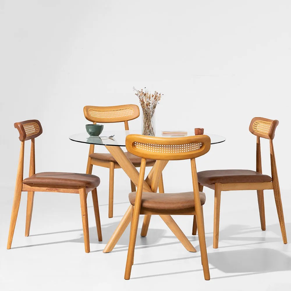 Conjunto Mesa de Jantar Thai Redonda Vidro Incolor -1,10m + 4 Cadeiras Dalí Palha Larga PU - Cognac