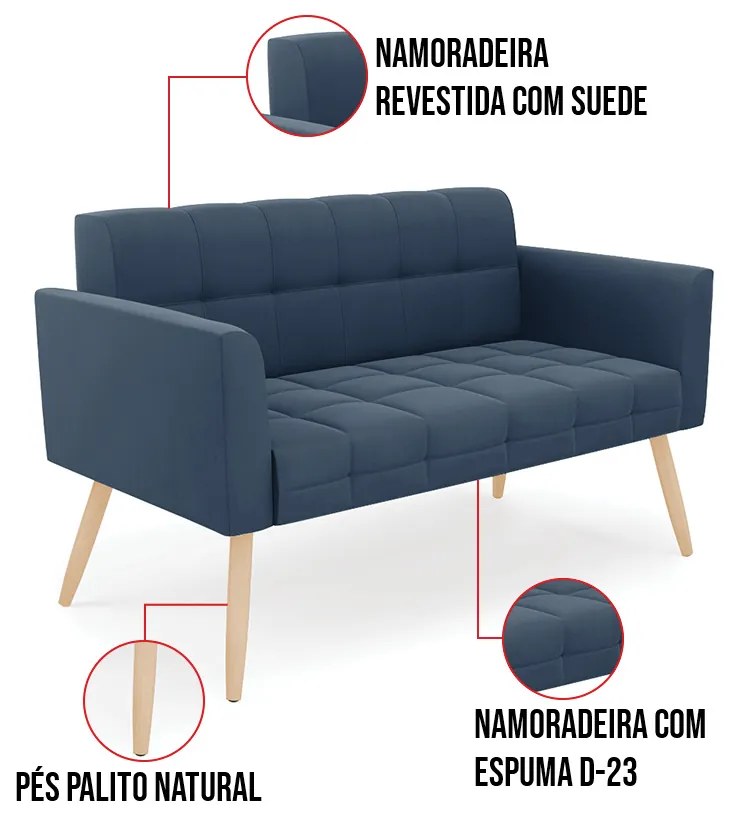 Kit 1 Sofá Namoradeira e 2 Poltronas Elisa Suede Pés Palito Natural D03 - D'Rossi - Azul Marinho