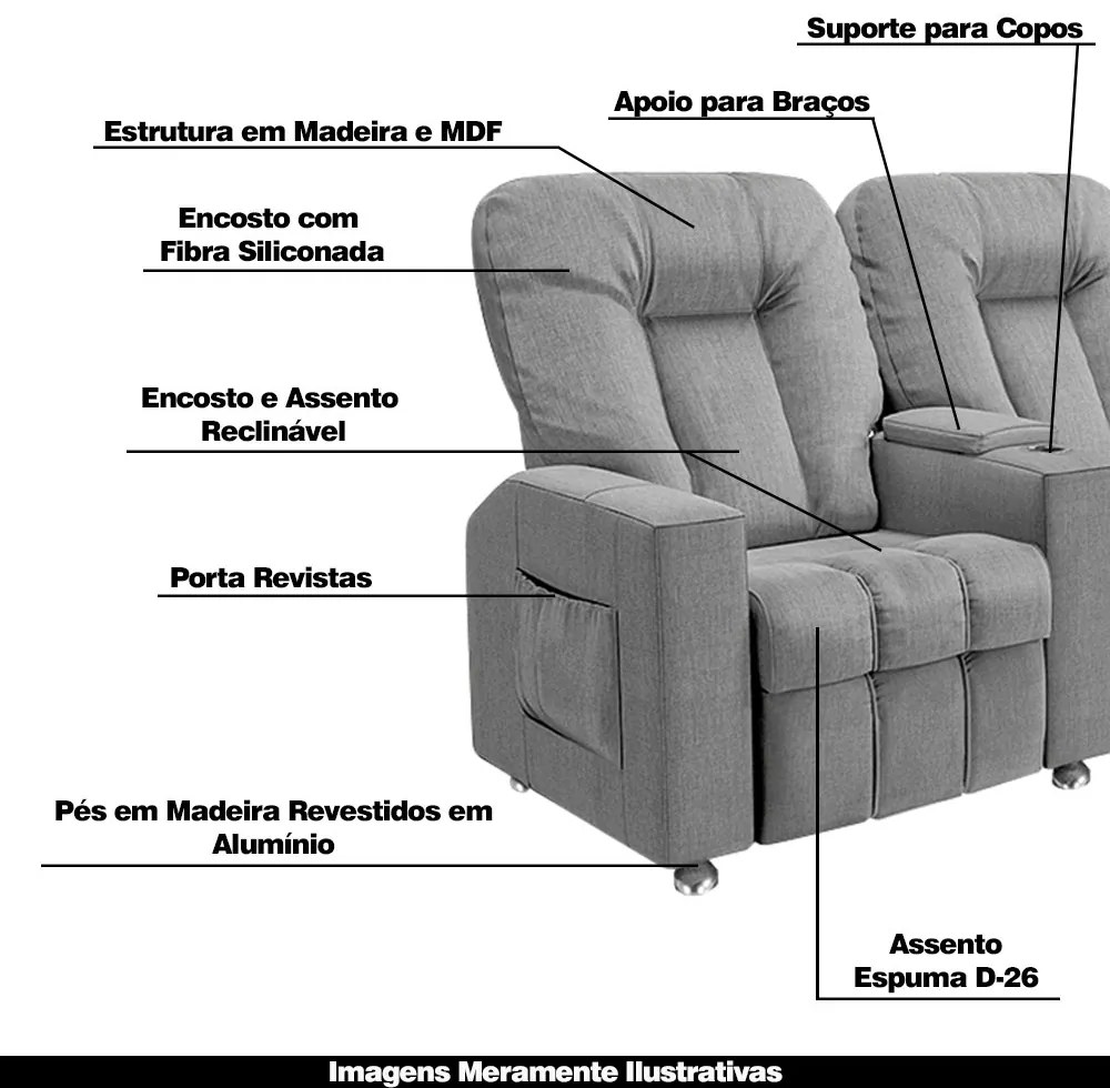 Poltrona Reclinável 3 lugares para Sala de Cinema Pequim Linho Cinza G23 - Gran Belo