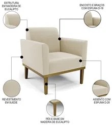 Sofá Namoradeira e 1 Poltrona Base Madeira Castanho Maressa Suede Bege