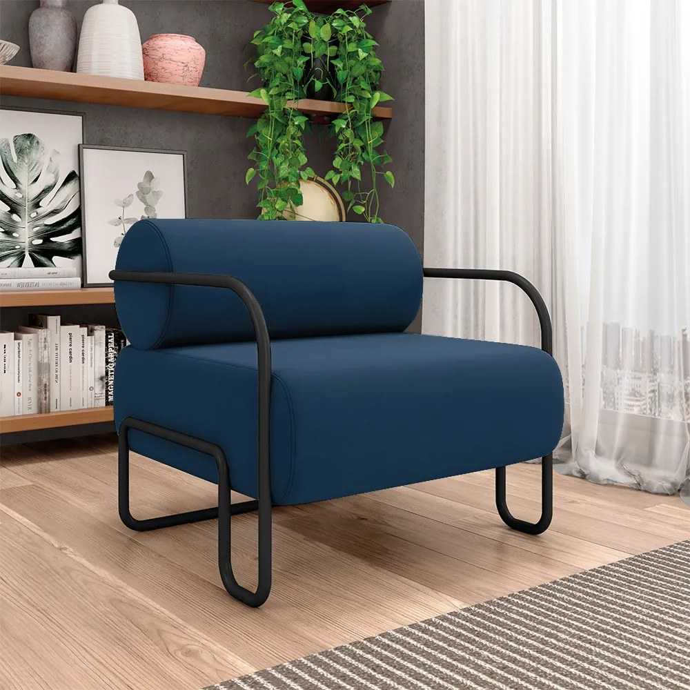Poltrona Sala de Estar Industrial Preto Ameli Veludo K01 - D'Rossi - Azul Marinho
