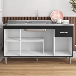 Balcão Gabinete Com Pia Inox 150cm 4 Portas e 1 Gaveta Gabriela Preto