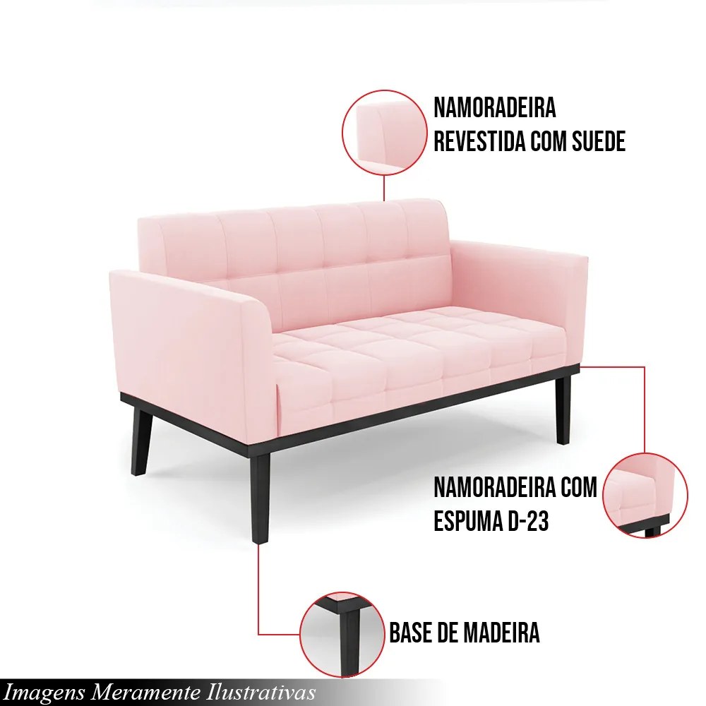 Poltrona Namoradeira Decorativa Karen Pés Fixo em Madeira Preto Suede Rosa Bebê G19 - Gran Belo