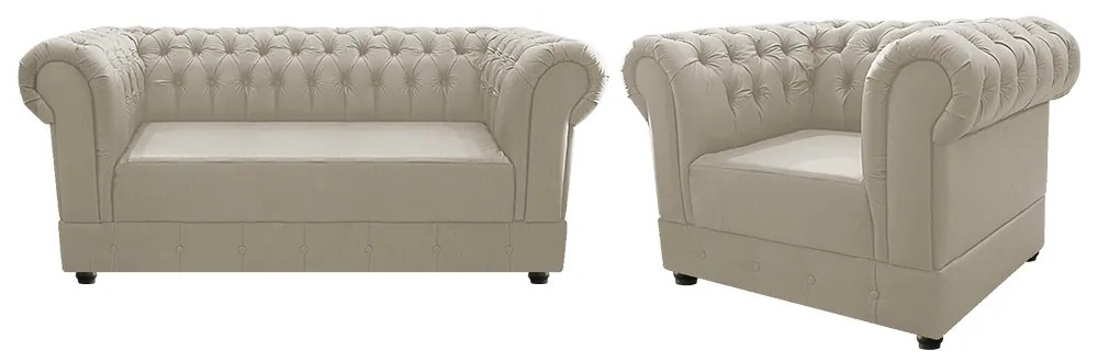 Kit Poltrona e Namoradeira Chesterfield Ana Suede Bege- ADJ Decor