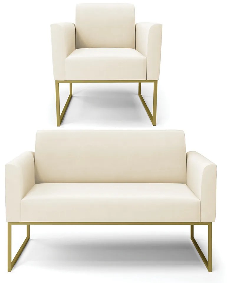 Sofá Namoradeira com Poltrona Base Industrial Dourado Marisa Veludo D03 - DRossi - Bege
