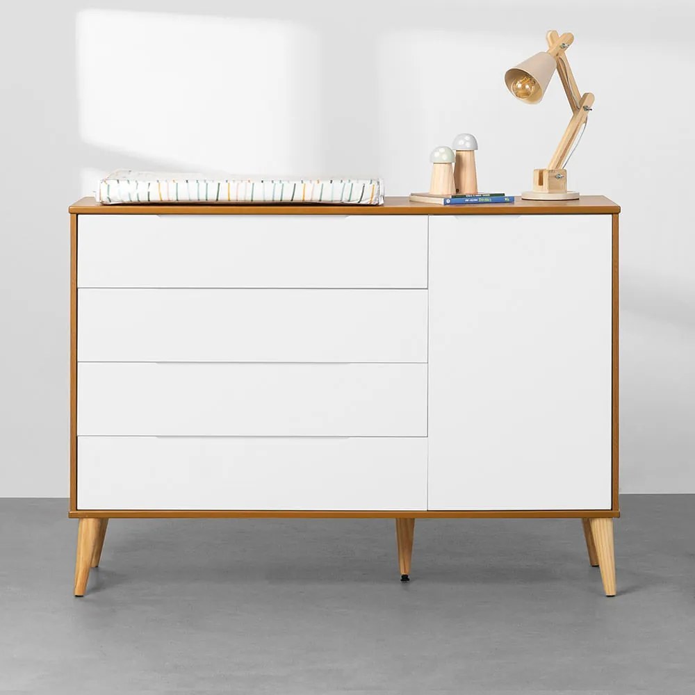 Cômoda Elfe 4 gavetas e 1 Porta com Pés Retrô Natural - Branco e Savana Fosco