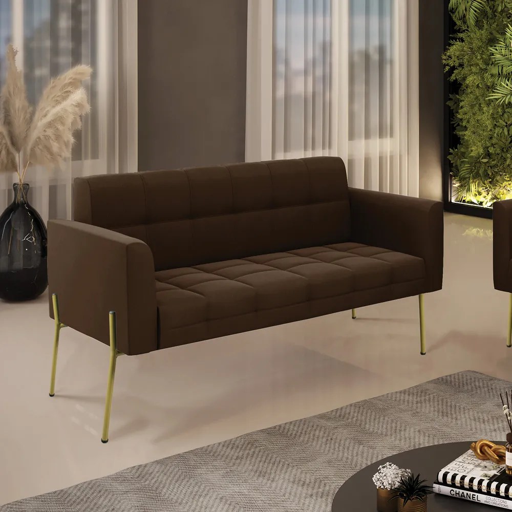 Sofá Namoradeira 2 Lugares Pé de Ferro Dourado Elisa Suede D03 - D'Rossi - Marrom