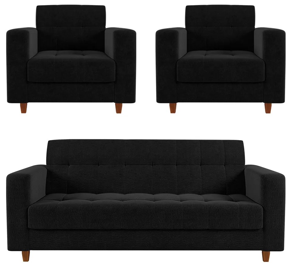 Kit 01 Sofá 3 Lugares e 02 Poltronas Arezzo Linho Pés Chanfrado Castanho - D'Rossi - A79 Preto