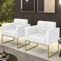 Poltrona Base Industrial Dourado Kit 2 Ana Sintético PU Branco - Ibiza