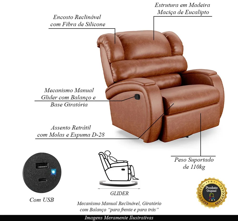 Poltrona do Papai Sala de Cinema Reclinável Kylie Glider Manual Giratória USB PU Caramelo Brilho G23