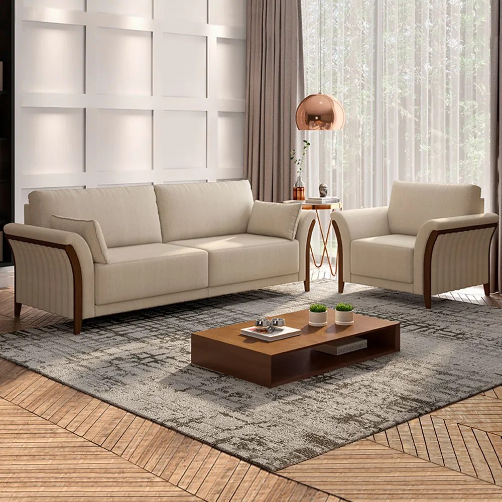 Conjunto Decorativo Poltrona e Sofá 222cm Market Linho Champagne G45 - Gran Belo