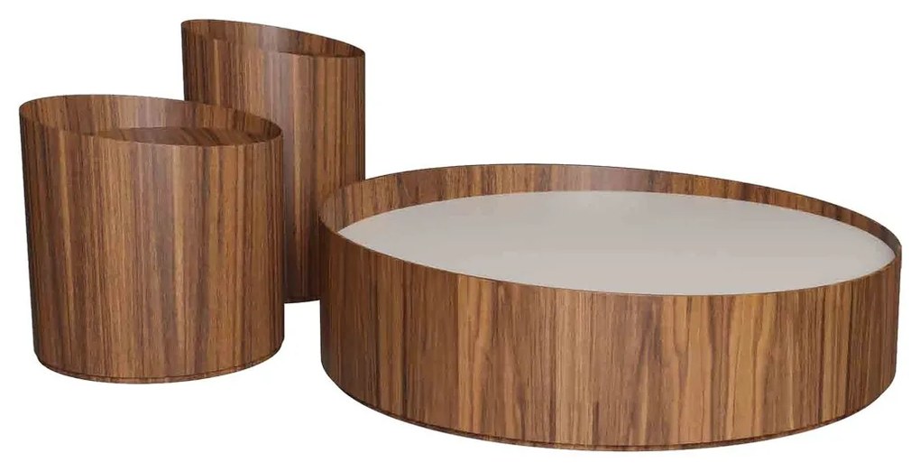 Mesa de Centro Kadis Redonda Tampo com Vidro Pintado Conjunto Mesas Laterais com Tampo Laminado Acabamento Laminado