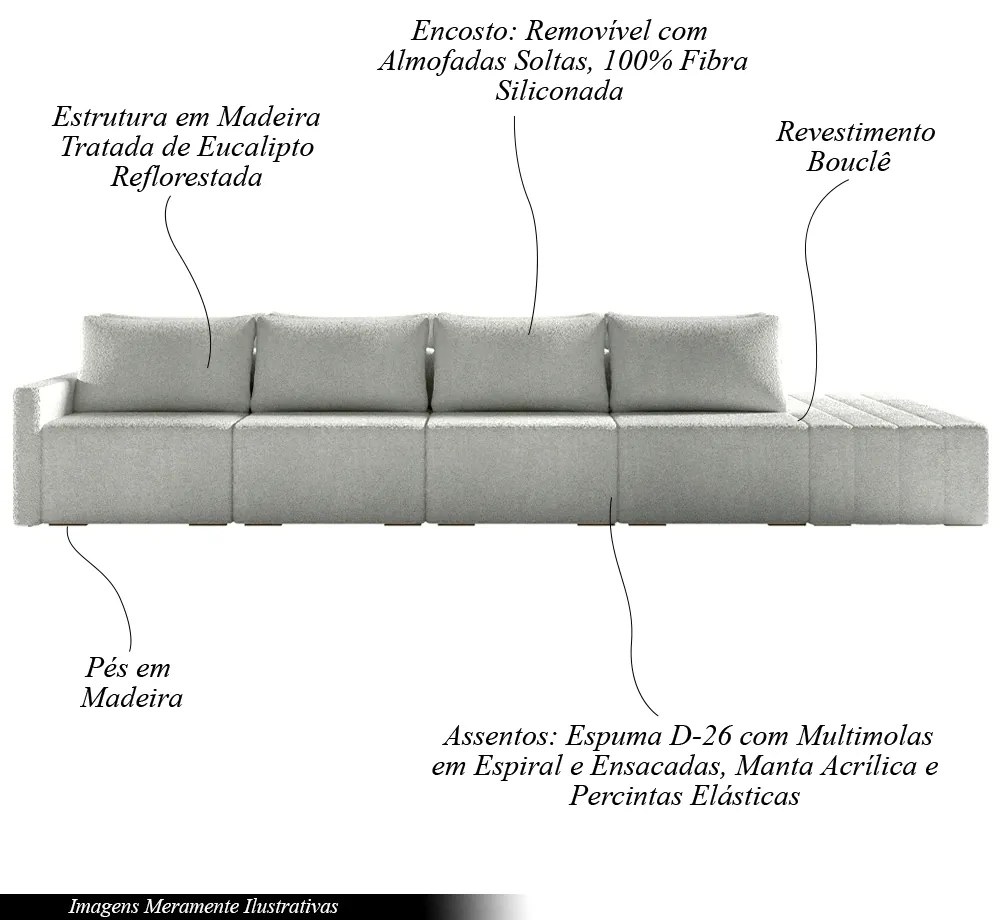 Sofá Ilha Modulado Milos 392cm Puff Lateral Bouclê Cinza G33 - Gran Belo