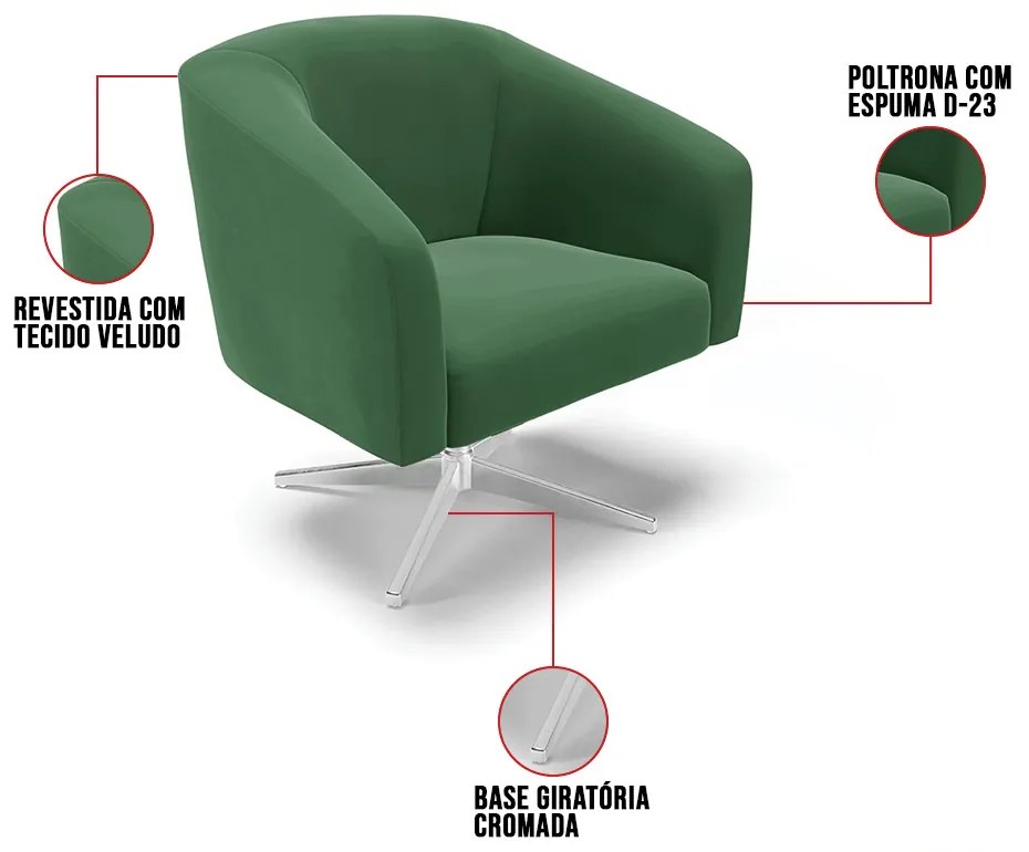 Poltrona Decorativa Giratória Cromada Stella Veludo D03 - D'Rossi - Verde