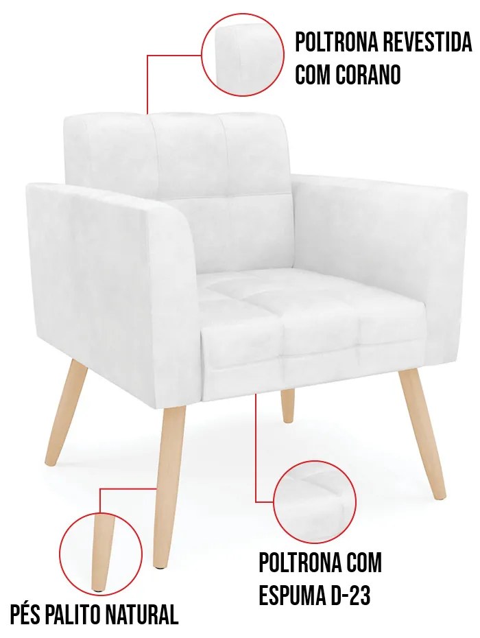 Kit 1 Sofá Namoradeira e 2 Poltronas Elisa Corano Branco Pés Palito Natural - D'Rossi