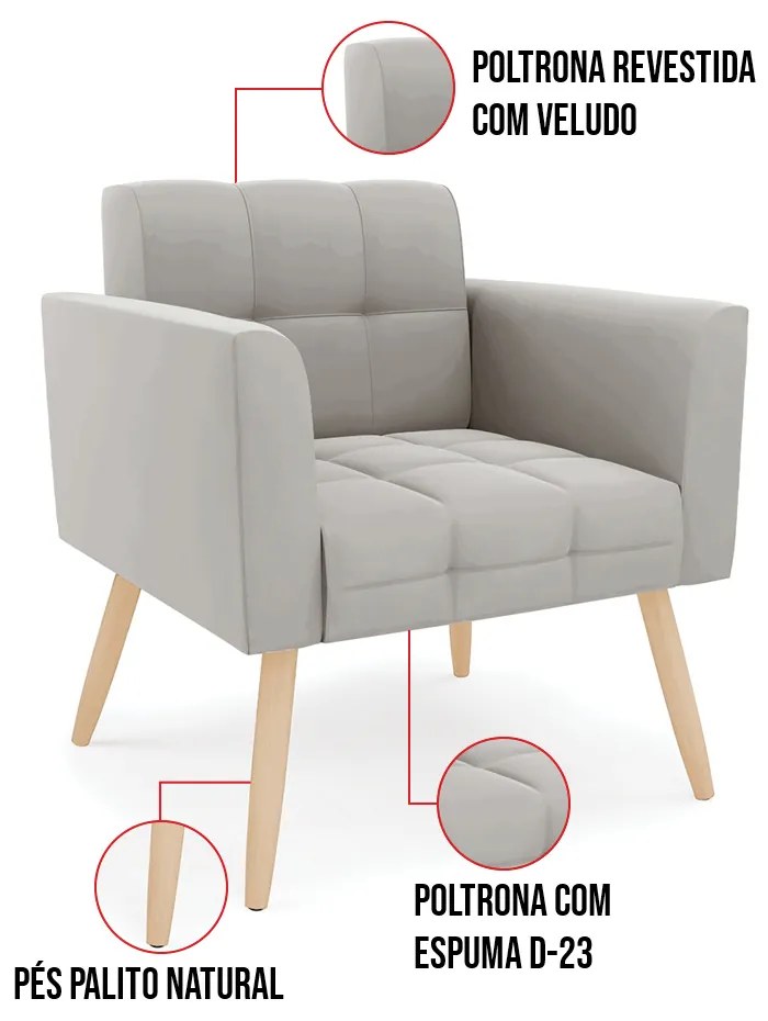 Kit 1 Sofá Namoradeira e 2 Poltronas Elisa Veludo Pés Palito Natural D03 - D'Rossi - Cinza