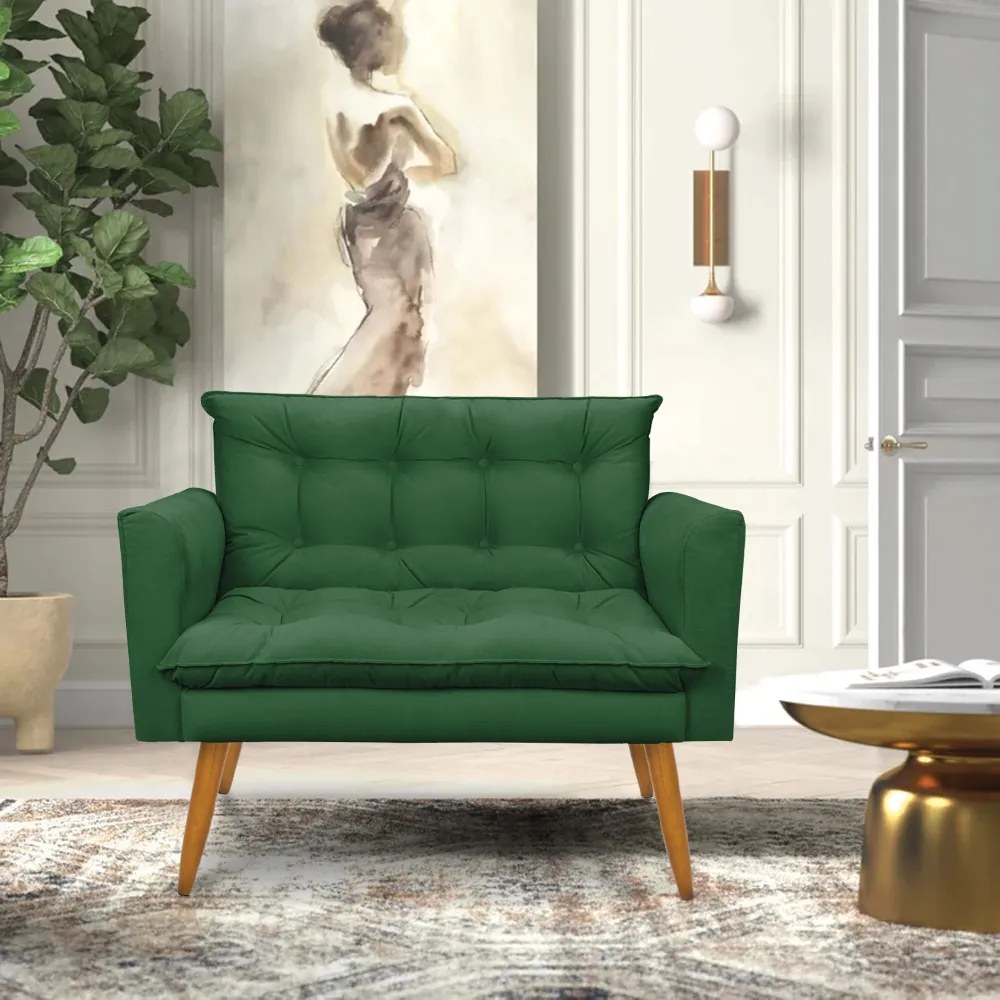 Kit 1 Sofá Namoradeira e 2 Poltronas Tais Suede Pés Palito Castanho - D'Rossi - Verde