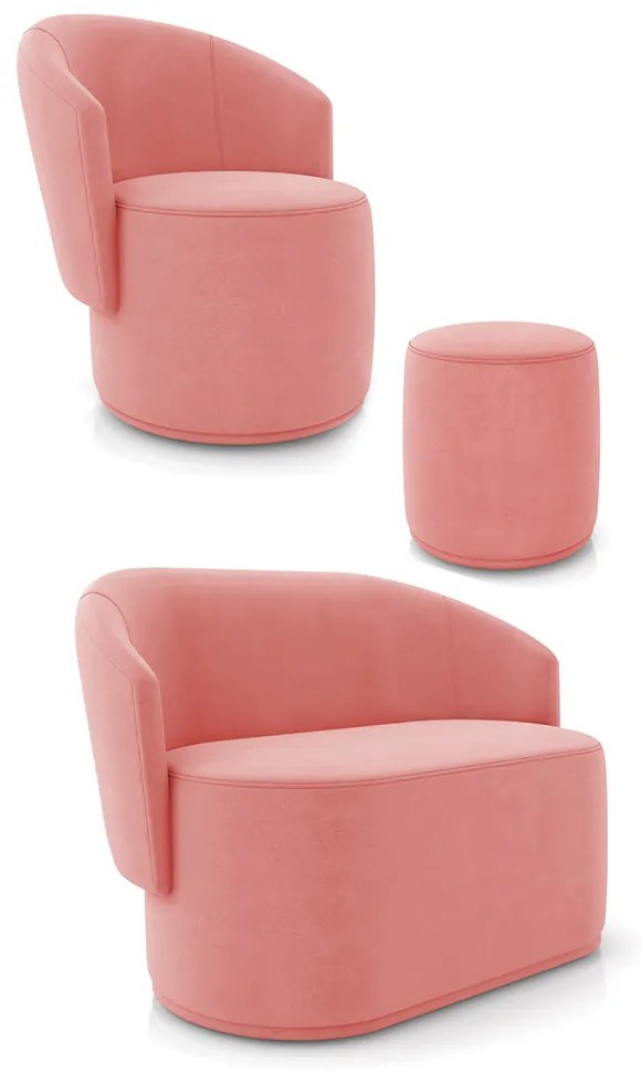 Sofá Namoradeira com Poltrona e Puff Orgânico Sala Malu Suede M11 - D'Rossi - Rose
