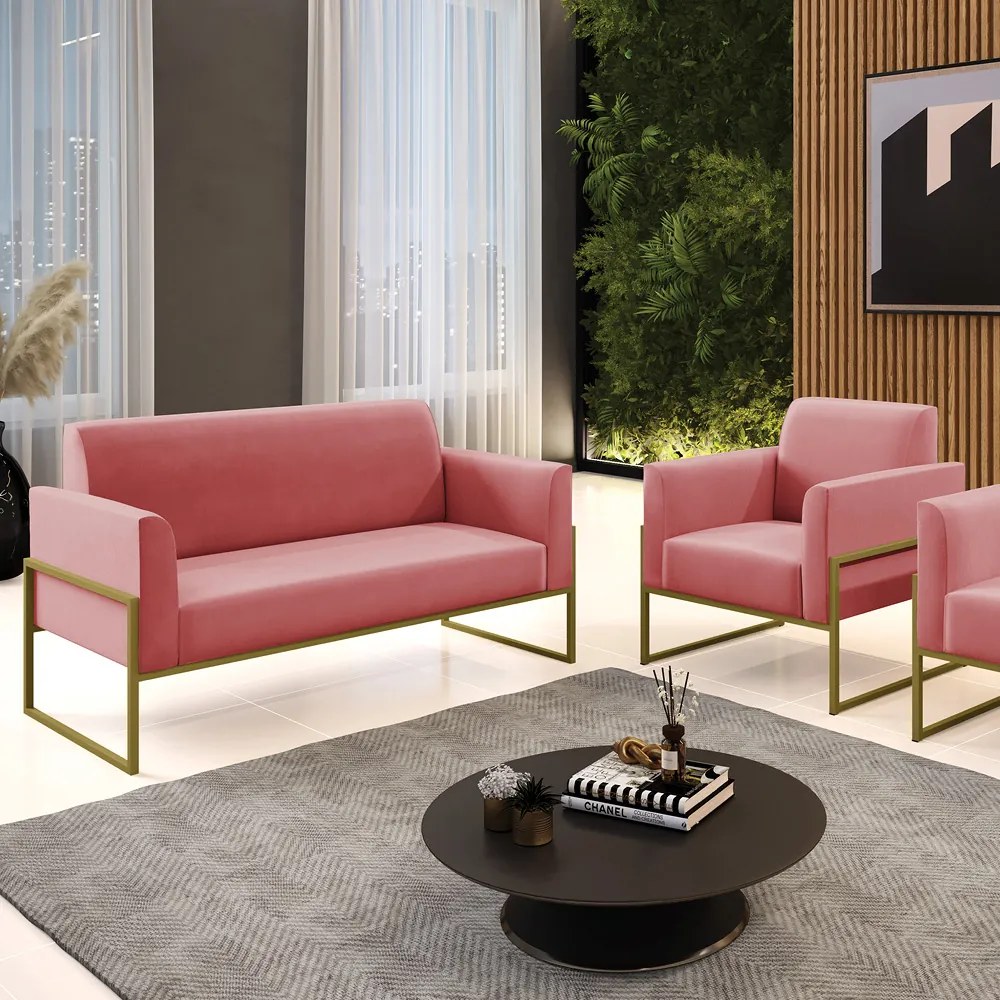 Sofá Namoradeira com Poltrona Base Industrial Alta Dourado Marisa Suede D03 - D'Rossi - Rose