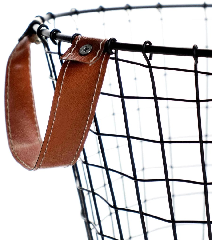 Cesto de Metal Preto com Alça em Couro 27x31 cm - D'Rossi