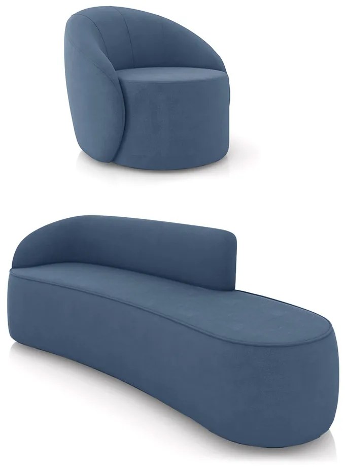Sofá 4 Lugares Orgânico 220cm Morgan e Poltrona Lua Suede D03 - D'Rossi - Azul Marinho